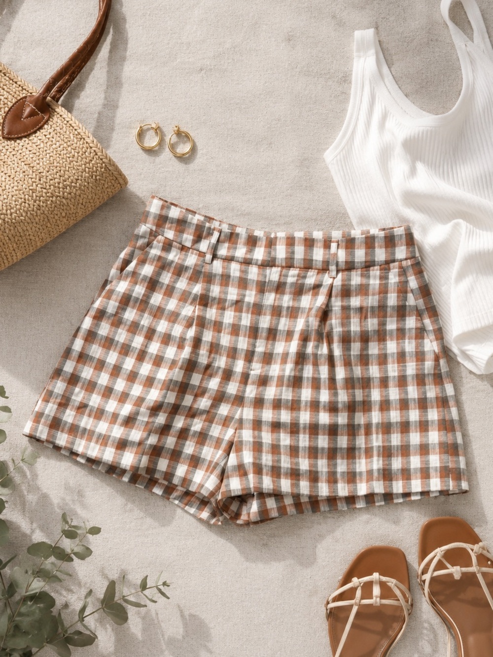 Nine West Plaid High-Waist Shorts — Brown & White